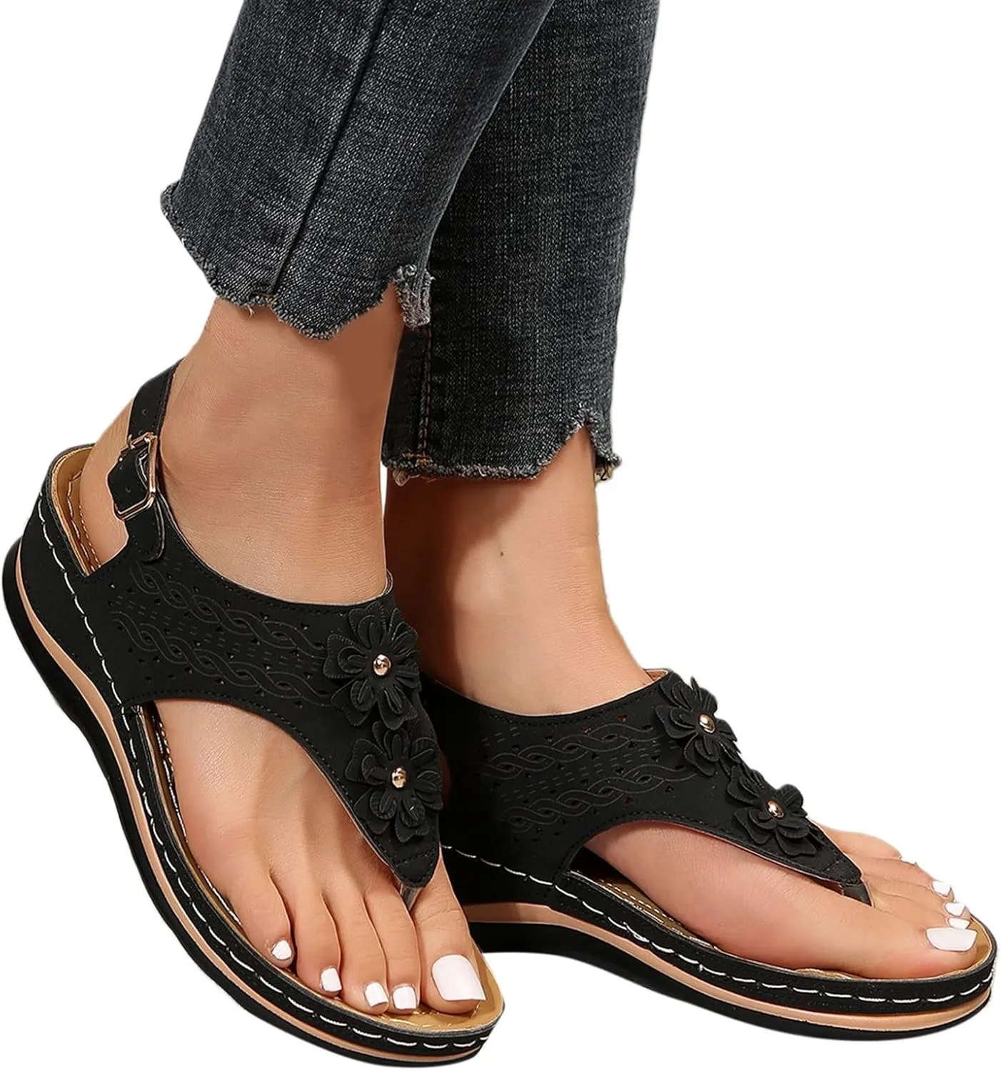 Women's Flat Sandals Arch Support Orthopedic Comfortable Soft Cushion Summer T-Strap Walking Thong Sandals with Open Toe Gladiator Sandals