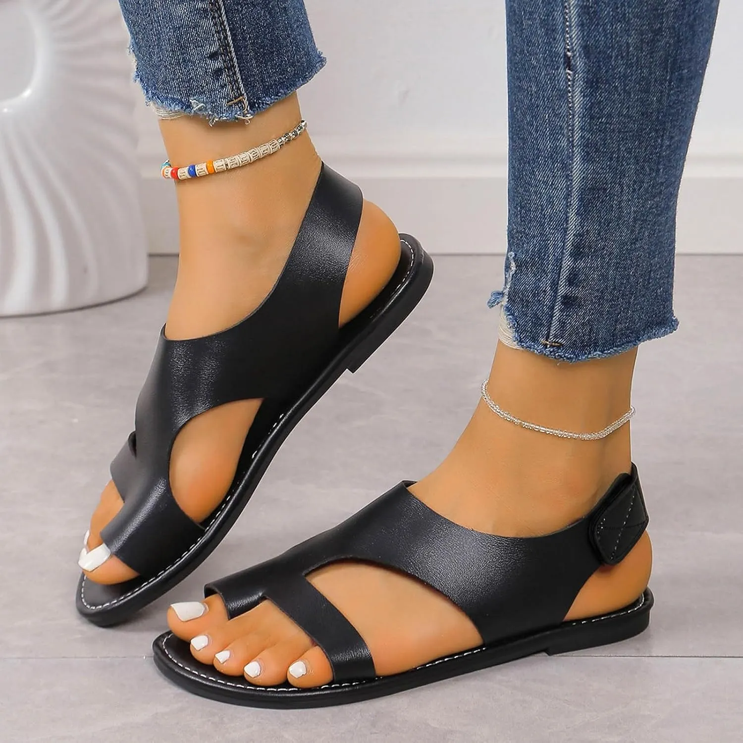 Womens Flat Sandals,2025 Summer Comfy Platform Flat Sole Leather Shoes for Women Fashion Comfy Breathable Orthopedic Corrector Flip Flops