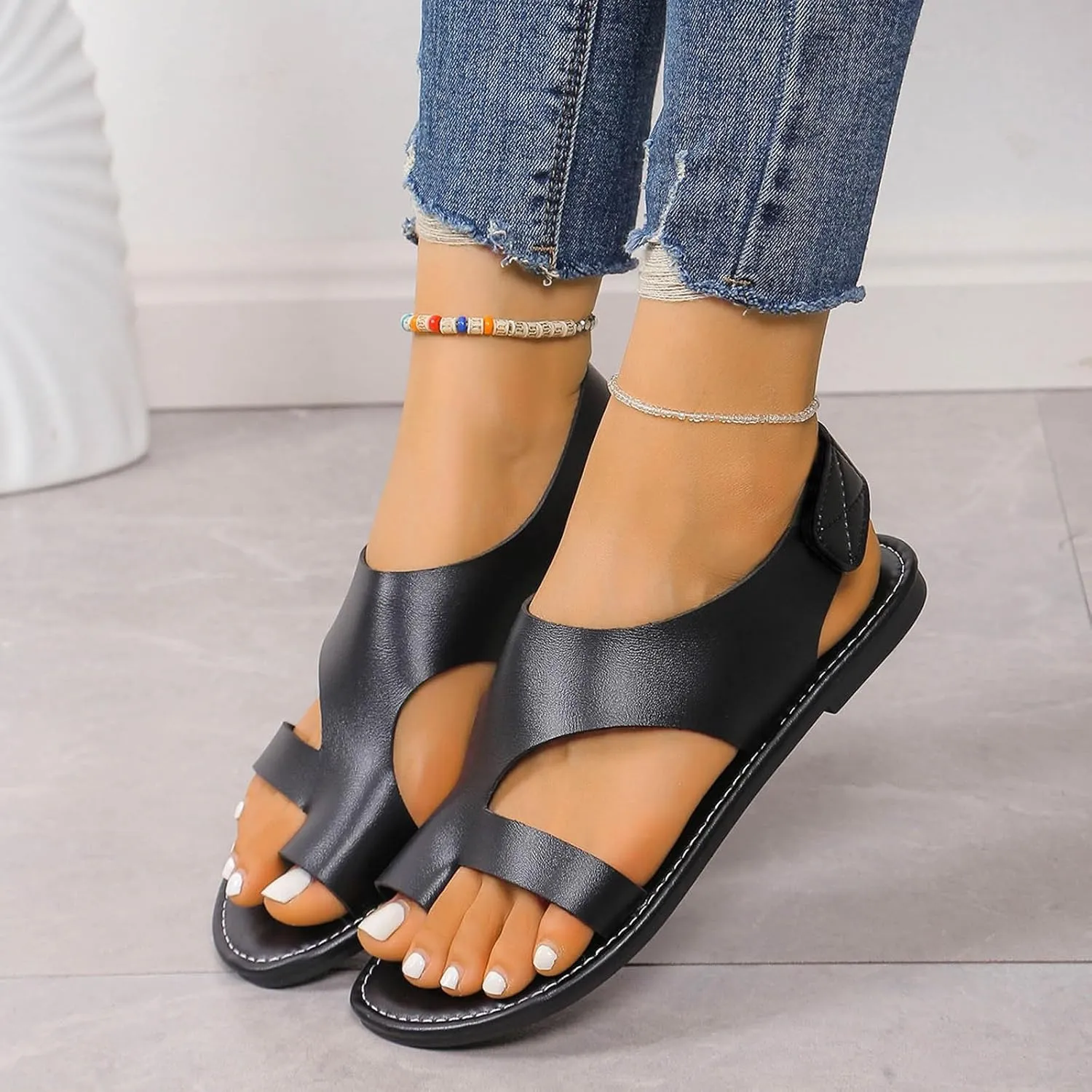 Womens Flat Sandals,2025 Summer Comfy Platform Flat Sole Leather Shoes for Women Fashion Comfy Breathable Orthopedic Corrector Flip Flops
