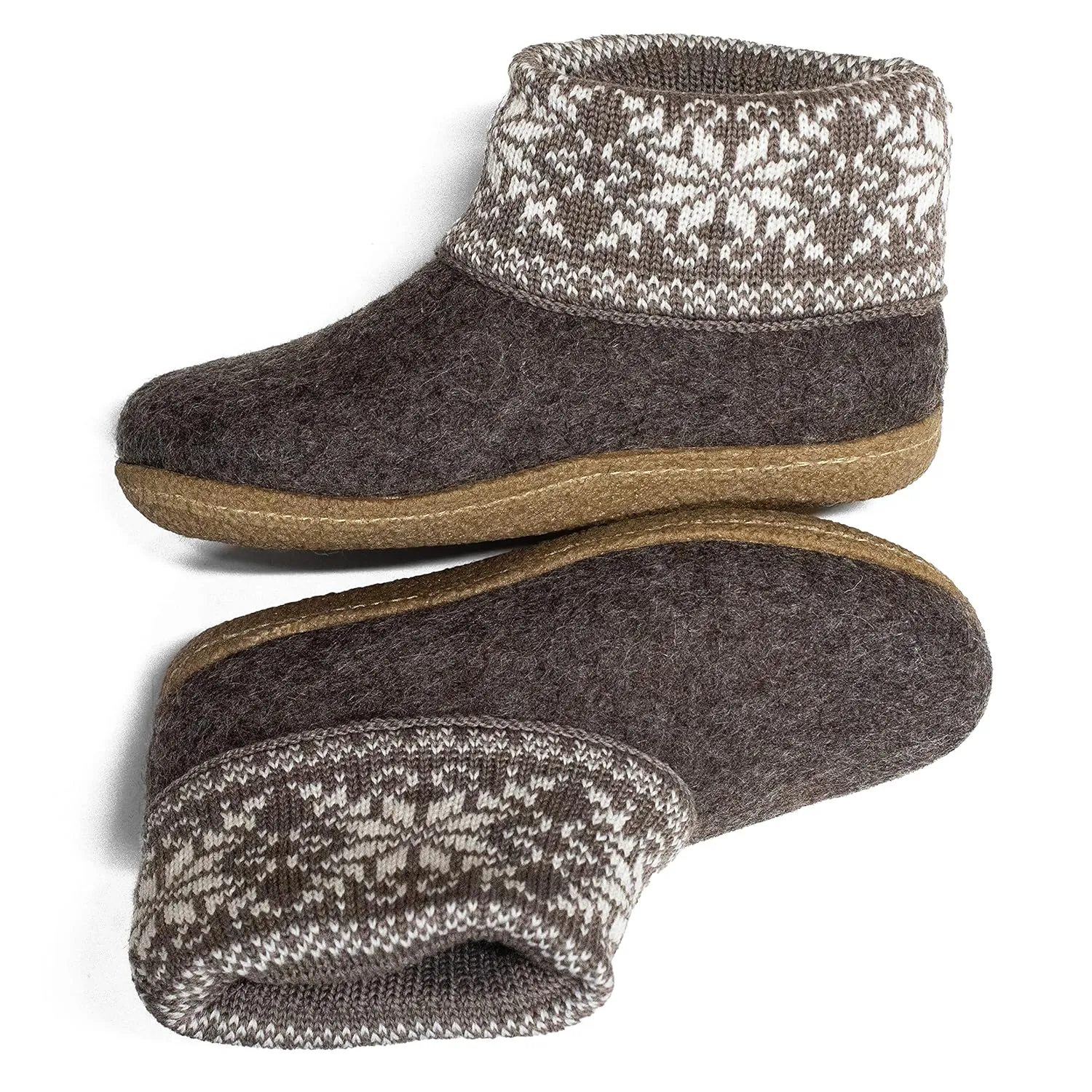 Womens Handmade Warm Wool Boot Slippers with Scandinavian Ornaments Knitted Collar, Rubber or Leather Outsole