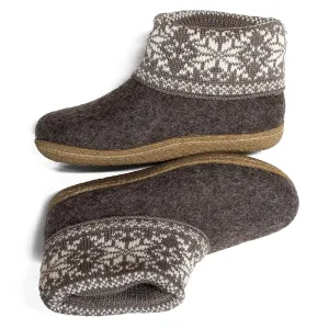Womens Handmade Warm Wool Boot Slippers with Scandinavian Ornaments Knitted Collar, Rubber or Leather Outsole