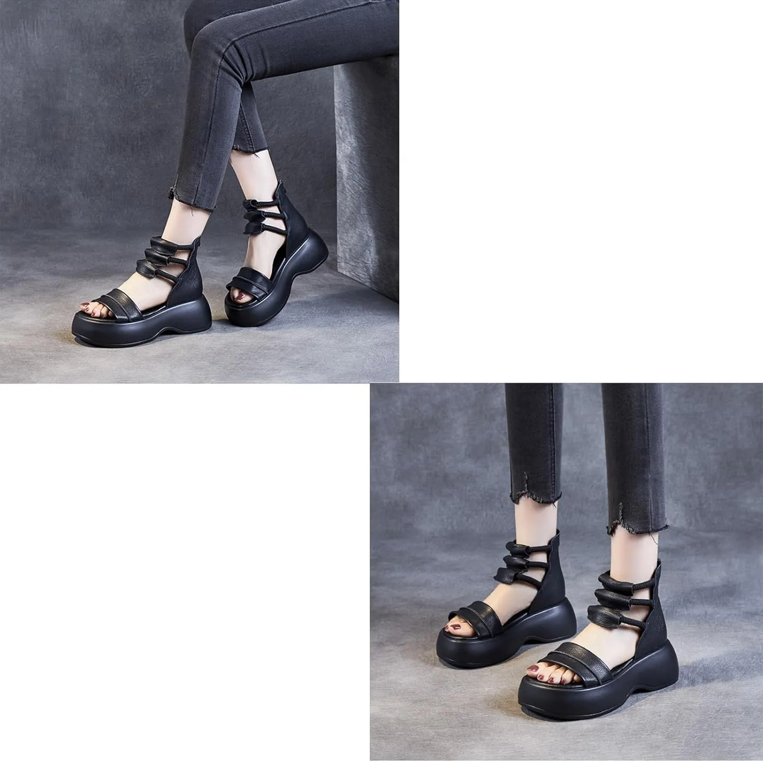 Women's Leather High Top Platform Sandals Sexy Peep Toe Hollow Back Zipper Gladiator Sandals Fashion Comfortable Soft Bottom Casual Walking Beach Sandals