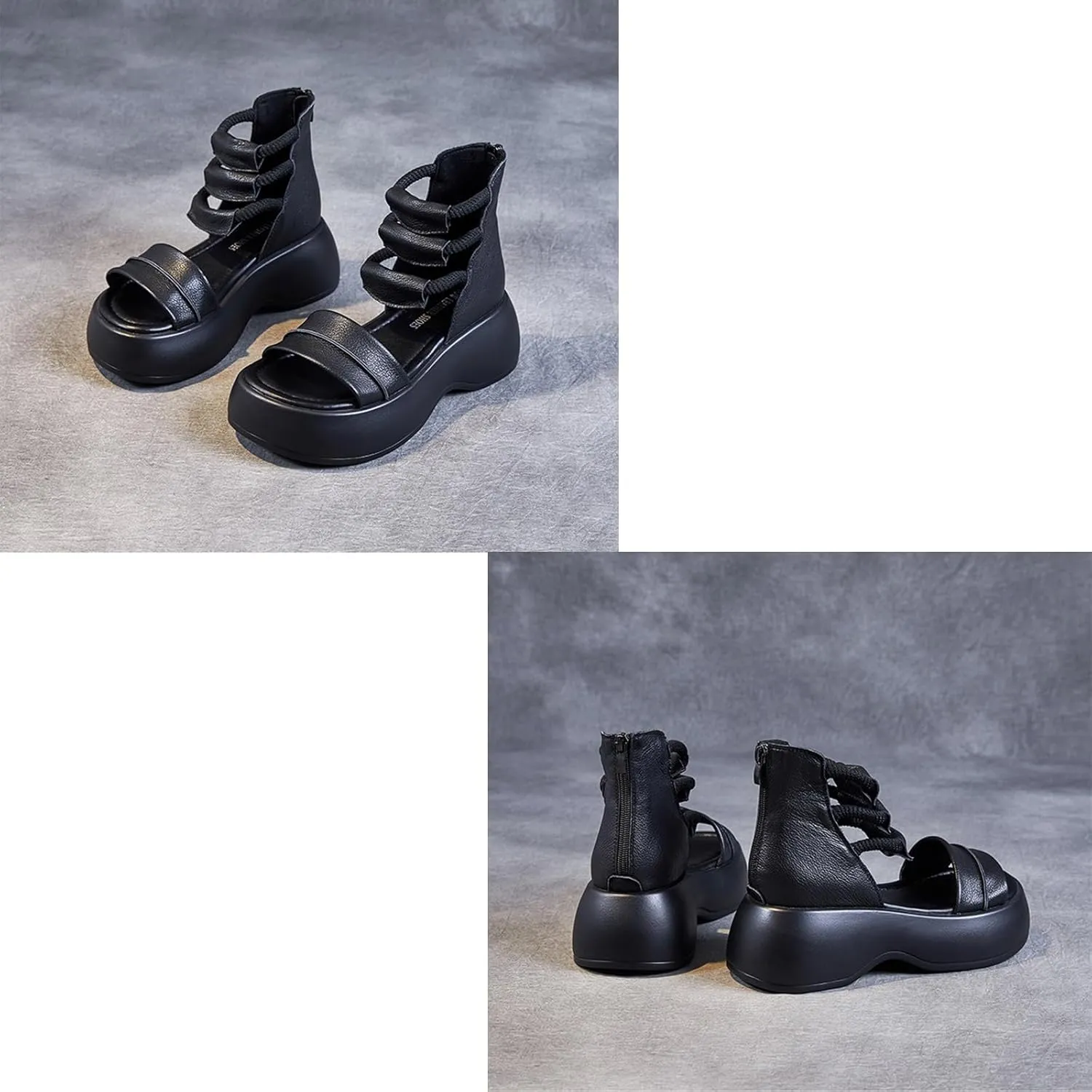 Women's Leather High Top Platform Sandals Sexy Peep Toe Hollow Back Zipper Gladiator Sandals Fashion Comfortable Soft Bottom Casual Walking Beach Sandals