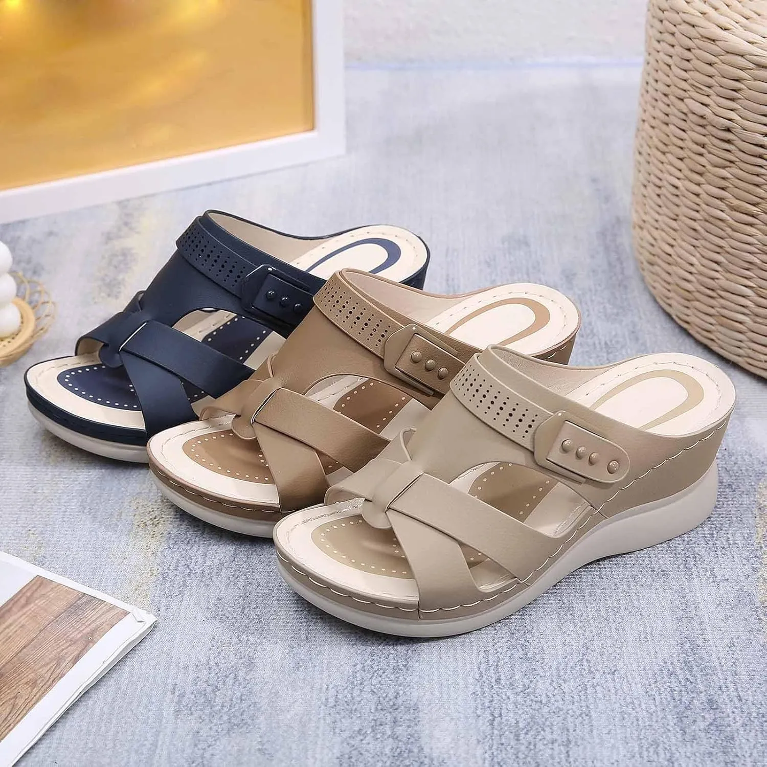 Womens Orthopedic Sandals Fashion Slip On Casual Open Toe Fisherman Sandals Hollow Out Gladiator Outdoor Walking Wedge Shoes