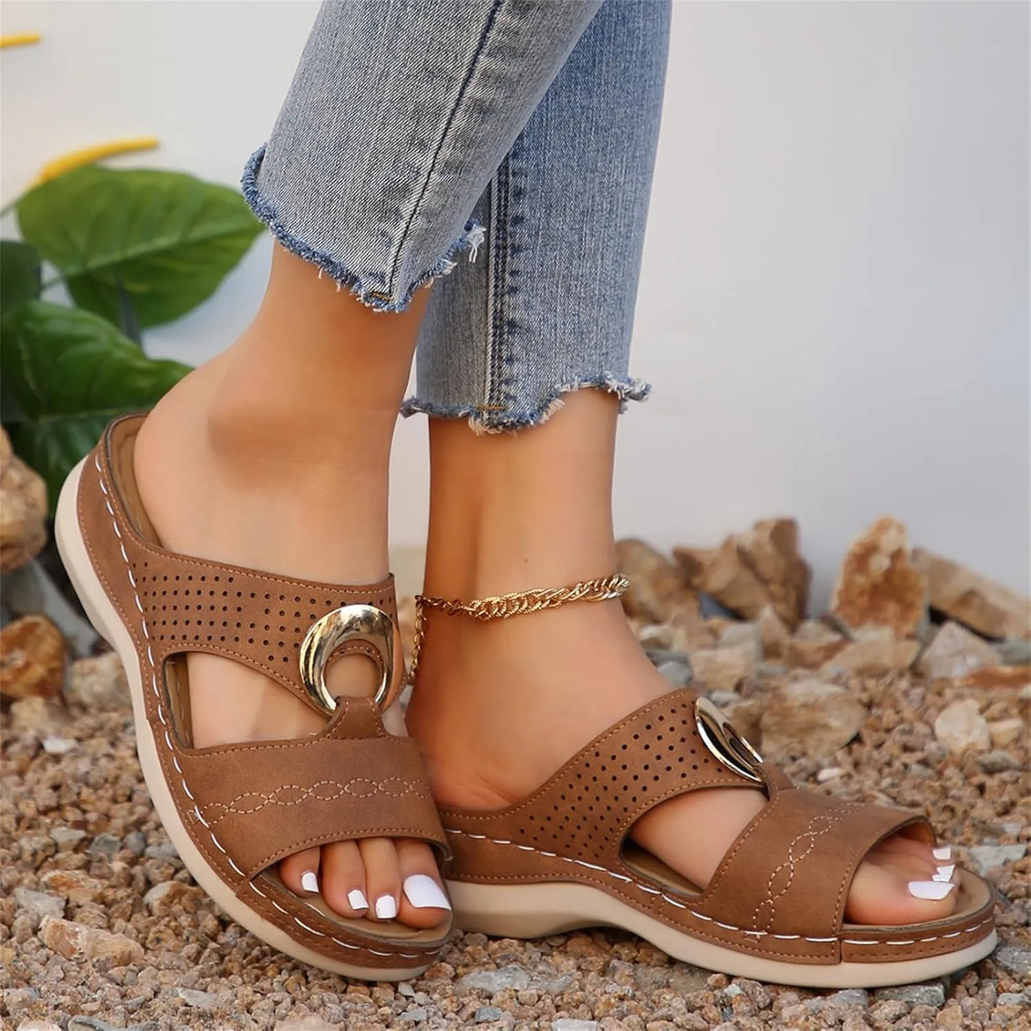 Women's Wedges Sandals Casual Hollow Out Open Toe Sandal Dressy Platform Silp On Slippers Comfortable Breathable Walking Sandals Comfy Orthopedic Arch Support Shoes