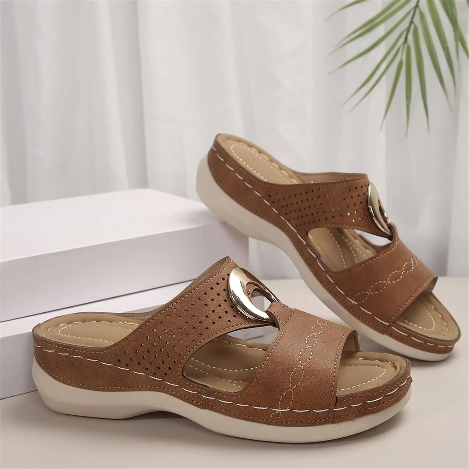 Women's Wedges Sandals Casual Hollow Out Open Toe Sandal Dressy Platform Silp On Slippers Comfortable Breathable Walking Sandals Comfy Orthopedic Arch Support Shoes