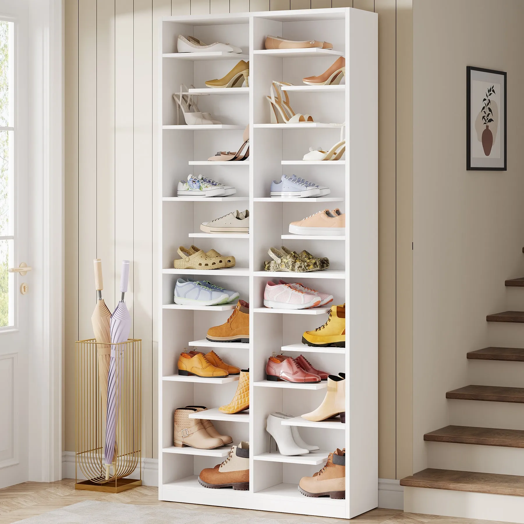 Wood Shoe Cabinet, Freestanding Shoe Rack with 26 Cubbies