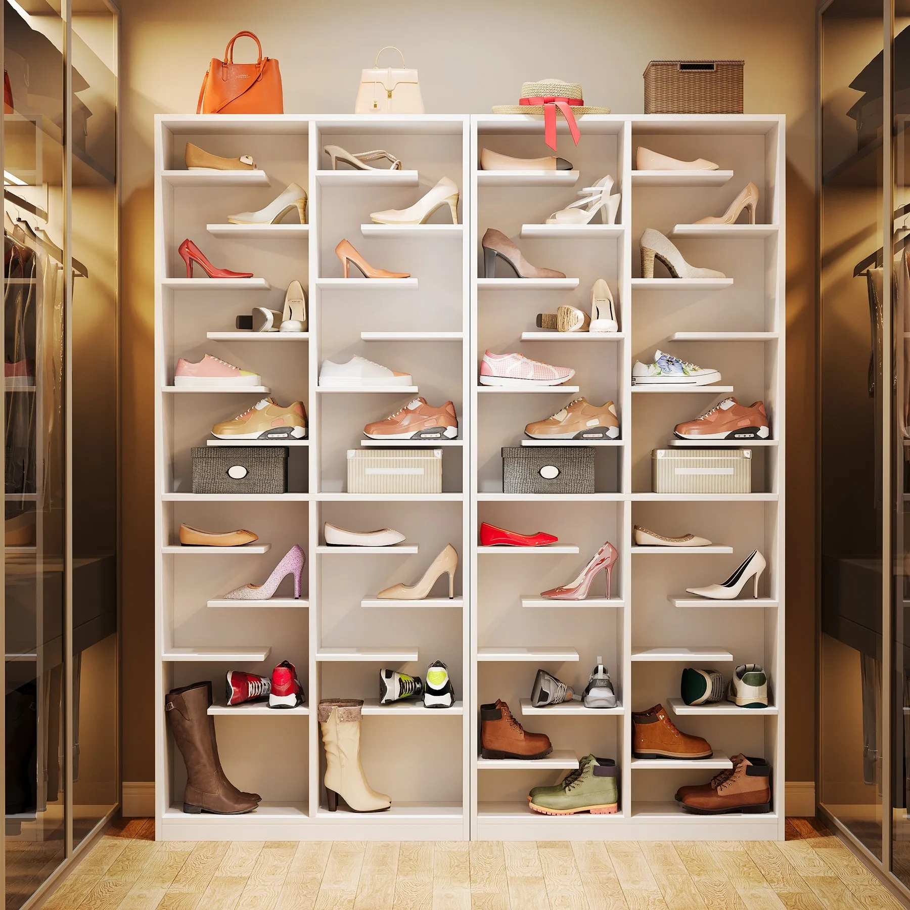 Wood Shoe Cabinet, Freestanding Shoe Rack with 26 Cubbies